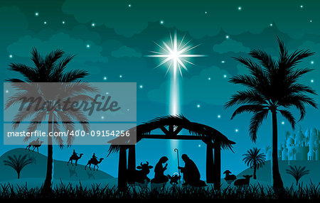 Scene of the Nativity of Jesus Christ. Christmas, the scene of Christmas. Christmas night.