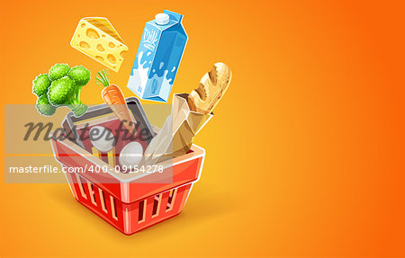 Shopping basket. Organic food sale concept. Goods products falling down into red basket. Milk package, cheese, vegetables broccoli cabbage and carrot, bread baguette in paper packaging, eggs, on orange transparent background. Eps10 vector illustration.