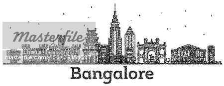 Engraved Bangalore India City Skyline with Black Buildings Isolated on White. Vector Illustration. Bangalore Cityscape with Landmarks.