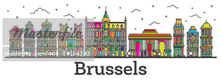 Outline Brussels Belgium City Skyline with Color Buildings Isolated on White. Vector Illustration. Brussels Cityscape with Landmarks.