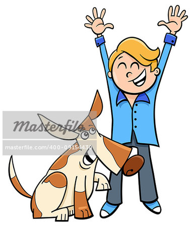 Cartoon Illustration of Happy Boy with Funny Dog or Puppy