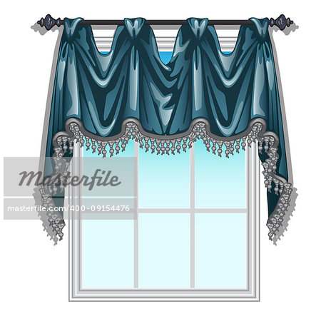 The ornate curtain in the interior. Vector illustration. Exquisite vintage interior.