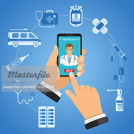 Online doctor Infographics. Man holding smart phone in hand and calls doctor. Flat style icons ambulance, stethoscope, pills, thermometer. Isolated vector illustration