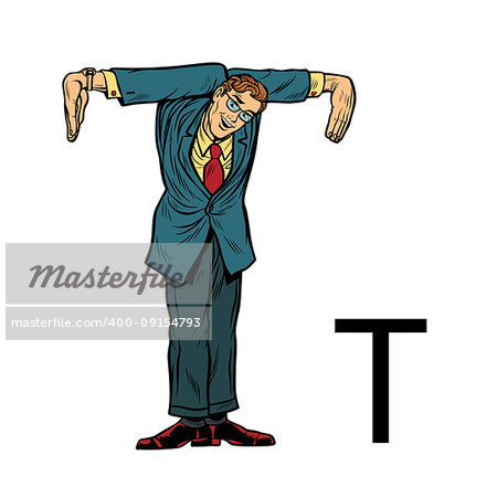 letter T tee. Business people silhouette alphabet. Pop art retro vector illustration kitsch vintage drawing