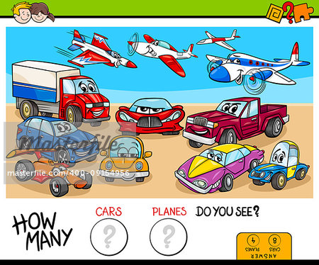 Cartoon Illustration of Educational Counting Game for Children with Cars and Planes Funny Characters Group