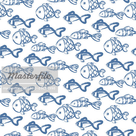 Hand drawn ocean fish abstract pattern vector texture. Underwater animals brush texture repeat textile design.