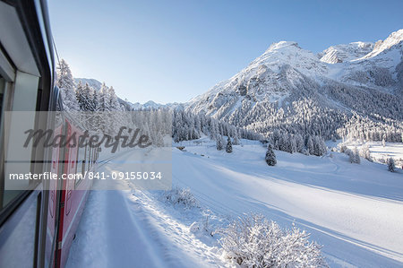 Bernina Express train, Preda Bergun, Albula Valley, Canton of Graubunden, Switzerland, Europe