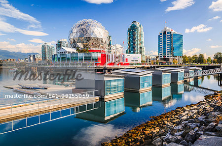 View of False Creek and Vancouver skyline, including World of Science Dome, Vancouver, British Columbia, Canada, North America