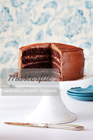 Chocolate layer cake with a few slices out on a white cake stand with a white and blue patterned background.
