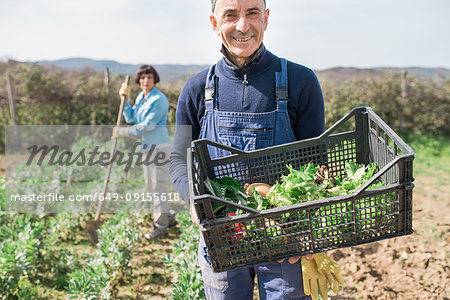 Man with crate of vegetables in garden, woman working in background