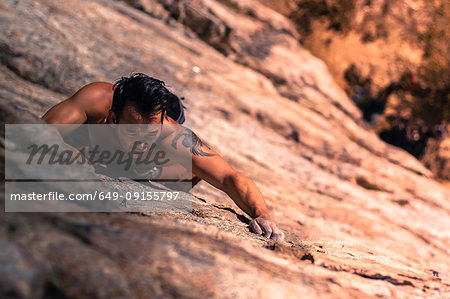 Young man, sport climbing, overhead view, Skaha Bluffs Provincial Park, Penticton, Canada
