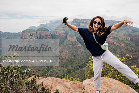 Young female tourist posing on The Three Rondavels, portrait, Mpumalanga, South Africa