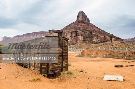 Old wagon in the sand, Hijaz railway station, Al Ula, Saudi Arabia, Middle East