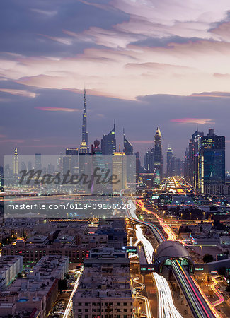 Financial Centre and Downtown at dusk, elevated view, Dubai, United Arab Emirates, Middle East