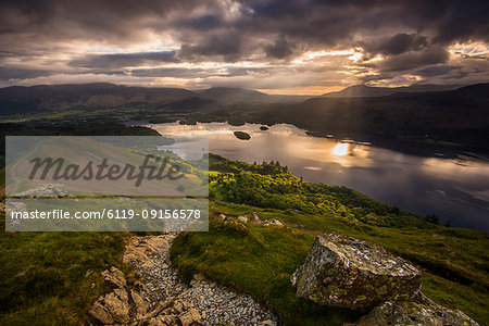 Sunrise over Derwentwater from the ridge leading to Catbells in the Lake District National Park, UNESCO World Heritage Site, Cumbria, England, United Kingdom, Europe