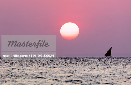 Dhow sailing boat on Indian Ocean at sunset, Stone Town, Zanzibar, Tanzania, East Africa, Africa Dhow sailing boat on Indian Ocean at sunset, Stone Town, Zanzibar, Tanzania, East Africa, Africa