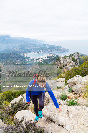 Serra de Tramuntura, hiker on a trail above Soller, Majorca, Balearic Islands, Spain, Mediterranean, Europe