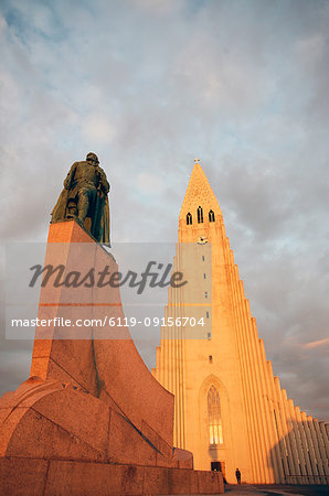 Midnight sun on Hallgrimskirkja (Church of Iceland) Cathedral, Reykjavik, Iceland, Polar Regions