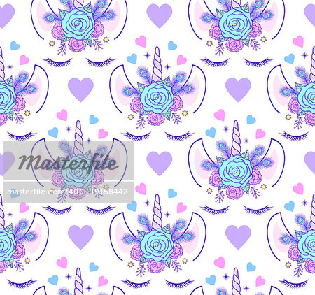 Seamless pattern with head of unicorn on white background