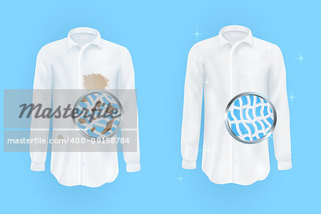 Set of vector illustrations of a white shirt with dirty brown spots and clean ,wrinkled and ironed shirts before and after a dry cleaning isolated on blue background.