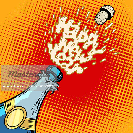 Champagne bottle opens, foam and cork. Comic cartoon pop art retro vector illustration kitsch vintage drawing