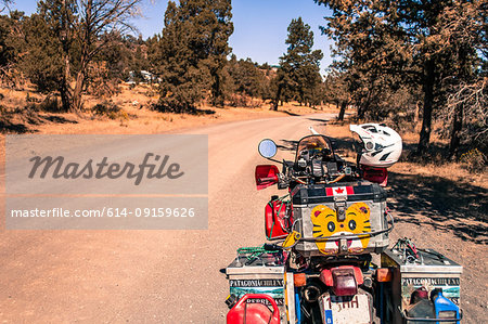 Touring motorcycle on roadside, Terrebonne, Oregon, USA