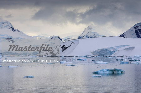 Spectacular mountains, glaciers and blue icebergs of Paradise Bay, water ripples, Graham Land, Antarctic Peninsula, Antarctica, Polar Regions