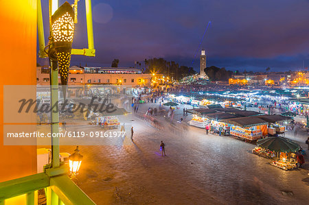 View of Jemaa el Fna (Djemaa el Fnaa) Square, UNESCO World Heritage Site and Koutoubia Mosque at night, Marrakesh (Marrakech), Morocco, North Africa, Africa