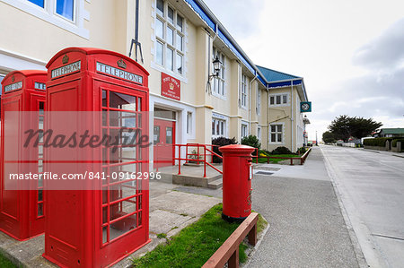 Post Office, Philatelic Bureau, red telephone boxes and post box, Central Stanley, Port Stanley, Falkland Islands, South America