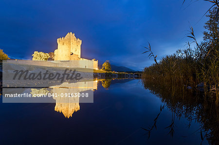 Panoramic of Ross Castle and Lough Leane lake, Killarney National Park, County Kerry, Munster, Republic of Ireland, Europe