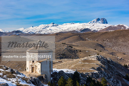 Santa Maria della Pieta church and Corno Grande in winter, Gran Sasso e Monti della Laga National Park, Abruzzo, Italy, Europe