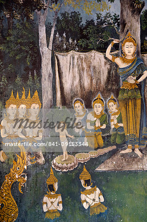 Fresco depicting Buddha as a child in a scene of the Buddha's life in Wat Phra Doi Suthep, Chiang Mai, Thailand, Southeast Asia, Asia