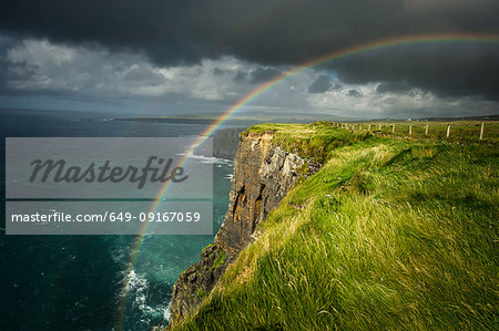 Cliffs of Moher, rainbow arching over cliff, Doolin, Clare, Ireland