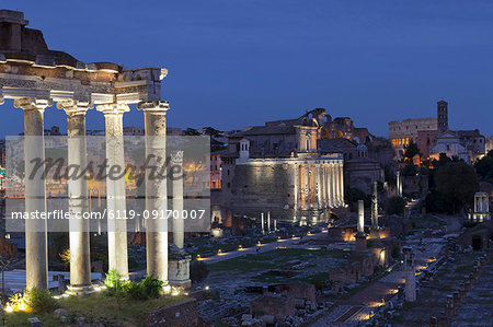 Roman Forum (Foro Romano), Temple of Saturn and Colosseum, UNESCO World Heritage Site, Rome, Lazio, Italy, Europe