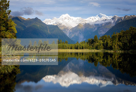 Mount Tasman and Aoraki (Mount Cook) reflected in Lake Matheson, South Island, New Zealand, Pacific