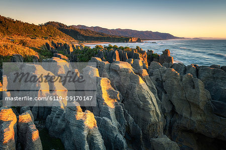 Pancake Rocks at sunset, Paparoa National Park, West Coast, South Island, New Zealand, Pacific