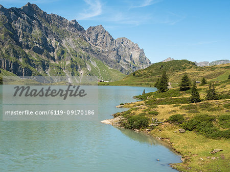 View of mountains and Trubsee, a natural lake near Engelberg, Swiss Alps, Switzerland, Europe