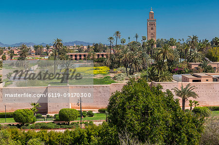 Elevated view of Koutoubia Mosque and city wall during daytime, Marrakesh, Morocco, North Africa, Africa