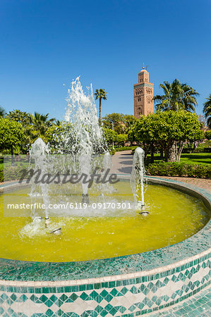 View of Koutoubia Mosque and fountain in Parc Lalla Hasna during daytime, Marrakesh, Morocco, North Africa, Africa View of Koutoubia Mosque and fountain in Parc Lalla Hasna during daytime, Marrakesh, Morocco, North Africa, Africa