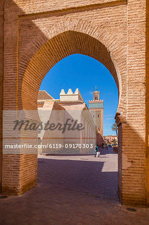 View of Moulay El Yazid Mosque framed by archway, Marrakesh, Morocco, North Africa, Africa