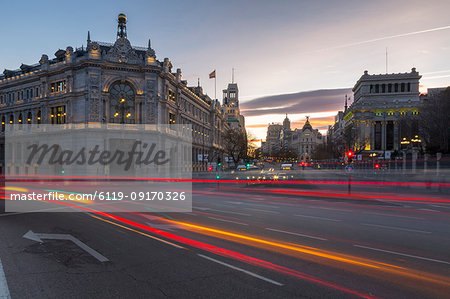 View of trail lights on Calle de Alcala and the entry to Gran Via at dusk, Madrid, Spain, Europe