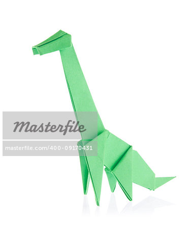 Green dinosaur Brachiosaurus of origami, isolated on white background.