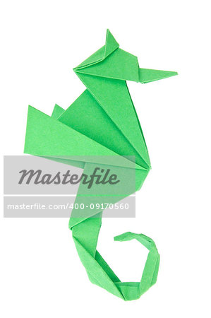 Green seahorse (Hippocampus) of origami, isolated on white background.