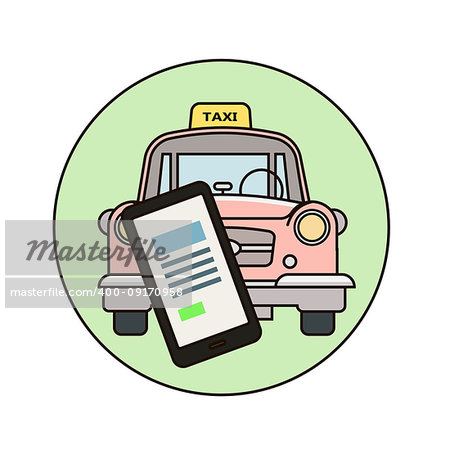 Taxi service concept. Man call a taxi by smartphone with interface of app. Vector illustration.