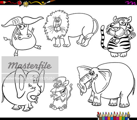 Black and White Coloring Book Cartoon Illustration of Wild Animal Characters Set