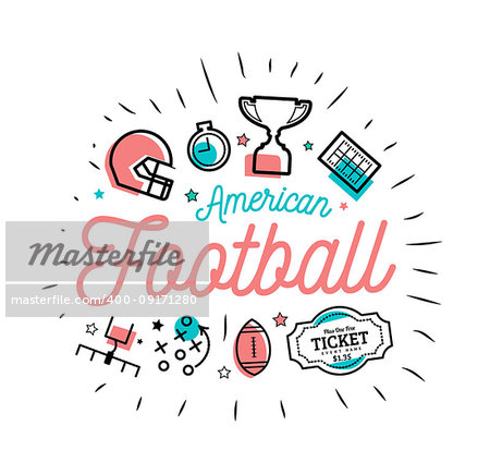American football. Vector illustration in the style of thin lines with flat icons on white background