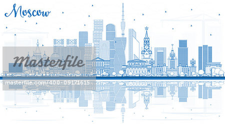 Outline Moscow Russia Skyline with Blue Buildings and Reflections. Vector Illustration. Business Travel and Tourism Illustration with Modern Architecture.