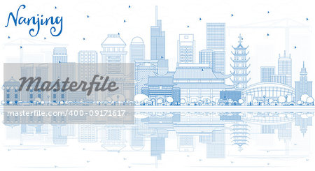 Outline Nanjing China City Skyline with Blue Buildings and Reflections. Vector Illustration. Business Travel and Tourism Illustration with Modern Architecture. Nanjing Cityscape with Landmarks.