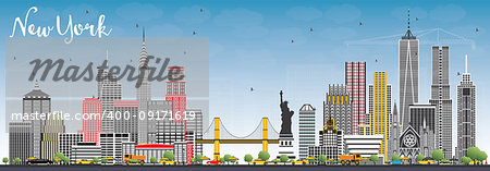 New York USA City Skyline with Gray Skyscrapers and Blue Sky. Vector Illustration. Business Travel and Tourism Concept with Modern Architecture. New York Cityscape with Landmarks.