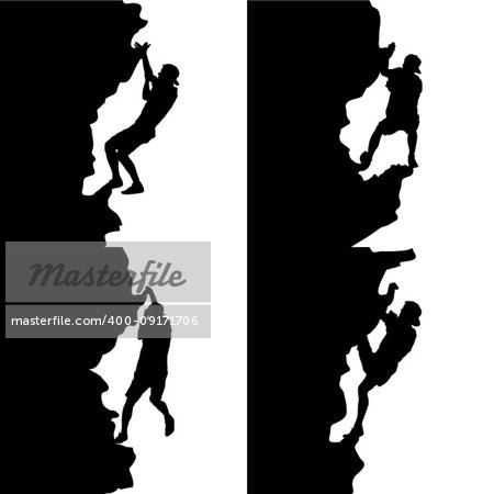 Black set silhouette rock climber on white background.